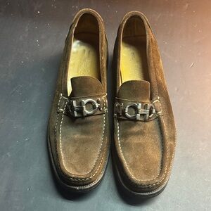 Salvatore Ferragamo Brown Suede Loafers with Metal Accent